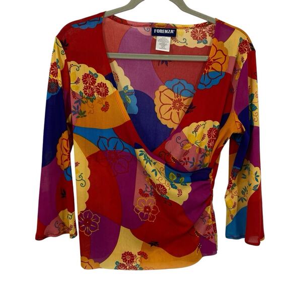 Forenza Mesh Faux Wrap Top Women Size Medium Colorful Floral 3/4 Sleeve Pullover - Picture 6 of 6